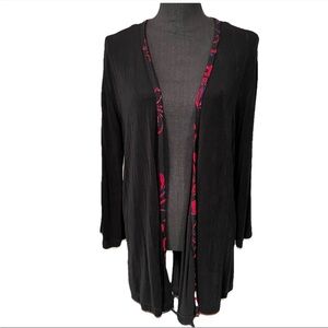 Chico's Travelers Size 2 Or US 12 Black Open Front Long Cardigan Trim Red Purple